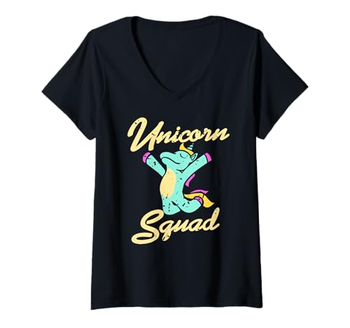 Damen Einhorn Squad Vintage Bunt Regenbogen Stil T-Shirt mit V-Ausschnitt Damen Einhorn Squad Vintage Bunt Regenbogen Stil T-Shirt mit V-Ausschnitt von Einhorn Gruppe Pastell Freunde Team Stil