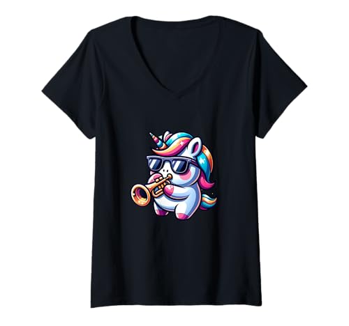 Damen Einhorn Trompete Musik Für Fans T-Shirt mit V-Ausschnitt Damen Einhorn Trompete Musik Für Fans T-Shirt mit V-Ausschnitt von Einhorn Mit Trompete Cool