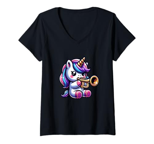 Damen Einhorn Trompete Süßes Magisches Wesen T-Shirt mit V-Ausschnitt Damen Einhorn Trompete Süßes Magisches Wesen T-Shirt mit V-Ausschnitt von Einhorn Mit Trompete Magie Spaß