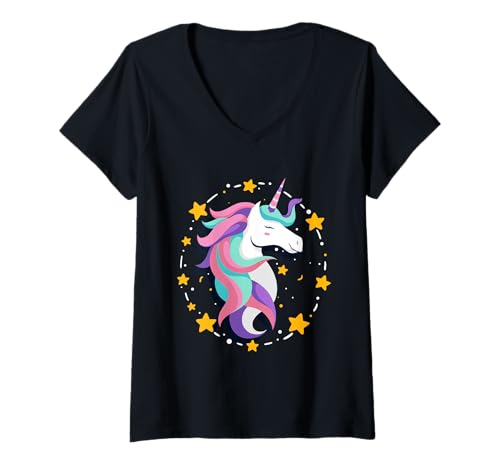 Damen Süßes Einhorn Pony Pferd Märchen Prinzessin Design Sterne T-Shirt mit V-Ausschnitt Damen Süßes Einhorn Pony Pferd Märchen Prinzessin Design Sterne T-Shirt mit V-Ausschnitt von Einhorn Outfit Bekleidung Damen Frauen Mädchen