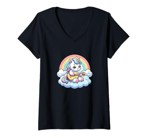 Damen Süßes Einhorn Mit Gitarre Auf Wolken Unter Regenbogen T-Shirt mit V-Ausschnitt Damen Süßes Einhorn Mit Gitarre Auf Wolken Unter Regenbogen T-Shirt mit V-Ausschnitt von Einhorn Regenbogen Gitarre Wolken Kawaii Musik