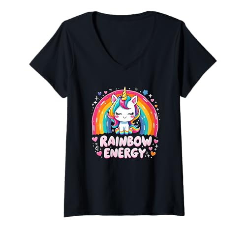Damen Einhorn Regenbogen Rainbow Energy Kawaii Herzchen T-Shirt mit V-Ausschnitt von Einhorn Regenbogen Kawaii Magie Pastell Herzen