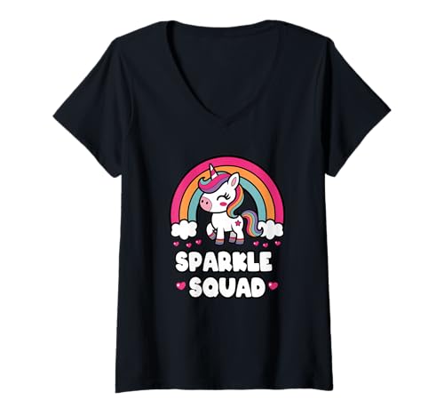 Damen Einhorn Regenbogen Sparkle Squad Kawaii Herzchen T-Shirt mit V-Ausschnitt von Einhorn Regenbogen Kawaii Magie Pastell Herzen