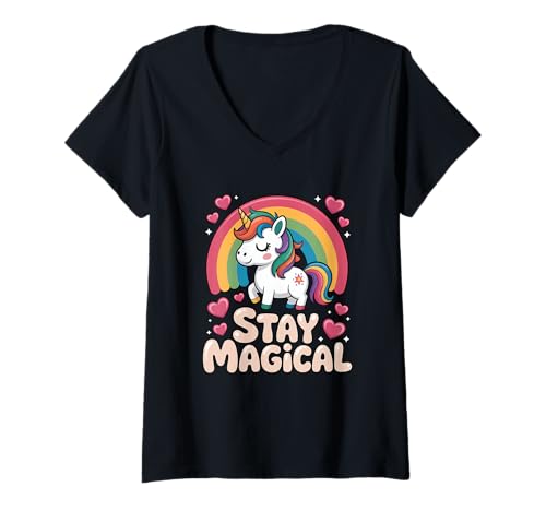 Damen Einhorn Regenbogen Stay Magical Kawaii Herzchen T-Shirt mit V-Ausschnitt von Einhorn Regenbogen Kawaii Magie Pastell Herzen