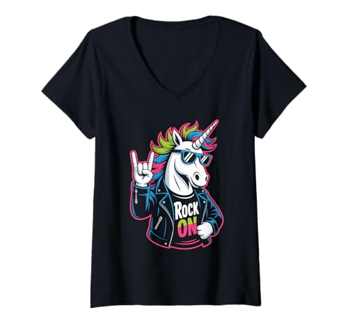 Damen Unicorn Rock On Regenbogen Horn Look T-Shirt mit V-Ausschnitt Damen Unicorn Rock On Regenbogen Horn Look T-Shirt mit V-Ausschnitt von Einhorn Regenbogen Rock Musik Fans