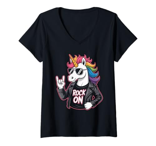 Damen Unicorn Rock On Regenbogen Horn Look T-Shirt mit V-Ausschnitt Damen Unicorn Rock On Regenbogen Horn Look T-Shirt mit V-Ausschnitt von Einhorn Regenbogen Rock Musik Fans