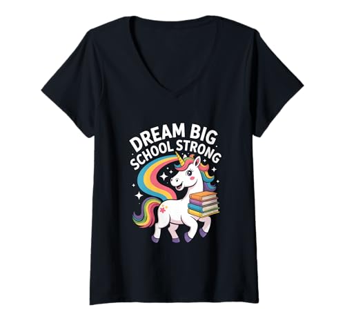 Damen Träume Groß Schule Stark Einhorn Regenbogen T-Shirt mit V-Ausschnitt Damen Träume Groß Schule Stark Einhorn Regenbogen T-Shirt mit V-Ausschnitt von Einhorn Regenbogen Schule Einschulung Groß