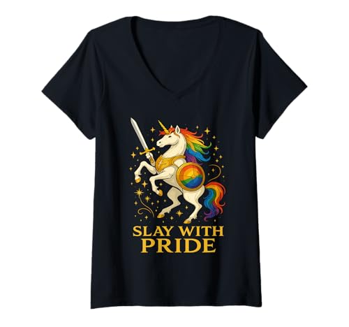 Damen Slay with Pride Einhorn Mit Regenbogen T-Shirt mit V-Ausschnitt Damen Slay with Pride Einhorn Mit Regenbogen T-Shirt mit V-Ausschnitt von Einhorn Regenbogen Stolz Glitzer Magie