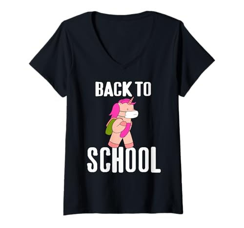 Damen Zurück Zur Schule Einhorn Rosa Rucksack Schüler T-Shirt mit V-Ausschnitt Damen Zurück Zur Schule Einhorn Rosa Rucksack Schüler T-Shirt mit V-Ausschnitt von Einhorn Schulanfang Spaß Lernen Stil