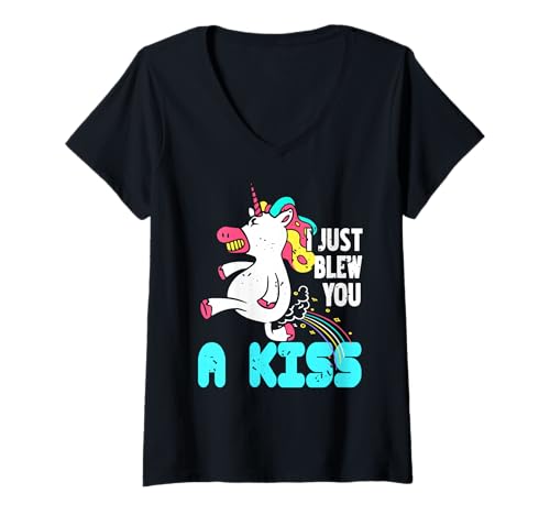 Damen Ich Puste Dir Einen Regenbogenkuss Einhorn Witzig T-Shirt mit V-Ausschnitt von Einhorn Witz Für Fantasie Humor Fans