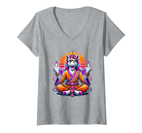 Damen Einhorn Mit Sonnenbrille Und Mittelfinger T-Shirt mit V-Ausschnitt Damen Einhorn Mit Sonnenbrille Und Mittelfinger T-Shirt mit V-Ausschnitt von Einhorn Yoga Meditation Lustig Cool