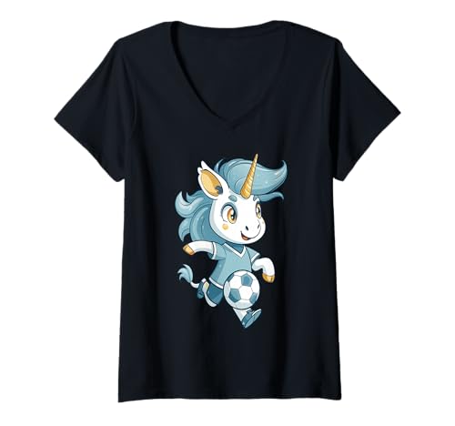 Damen EIN lustiges Einhorn Fussballspieler mit dem Ball Einhörner T-Shirt mit V-Ausschnitt Damen EIN lustiges Einhorn Fussballspieler mit dem Ball Einhörner T-Shirt mit V-Ausschnitt von Einhorn unicorn Designs24