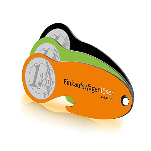 Einkaufswagenlöser Münze grün,orange,schwarz/Schlüsselanhänger Einkaufschip mit Schlüsselfundservice/Abziehbarer Einkaufswagenchip Metall, Chip Einkaufswagen, Key Finder / 3 Stück von Einkaufswagenlöser