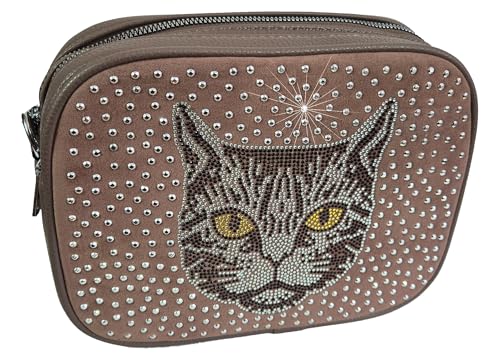 Einkaufszauber Clutch Handtasche Katze Strass Braun von Einkaufszauber
