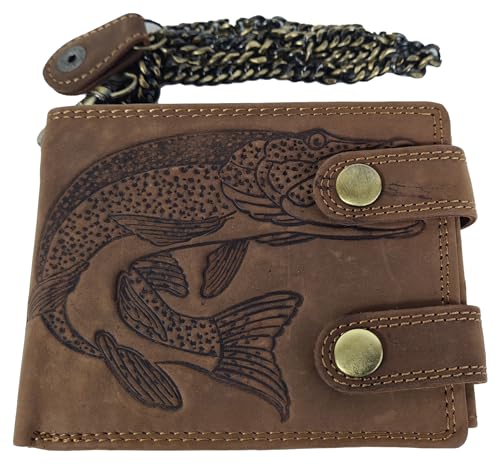 Einkaufszauber Echt Büffel-Leder Geldbeutel Sternzeichen Fisch Angler mit Kette von Einkaufszauber