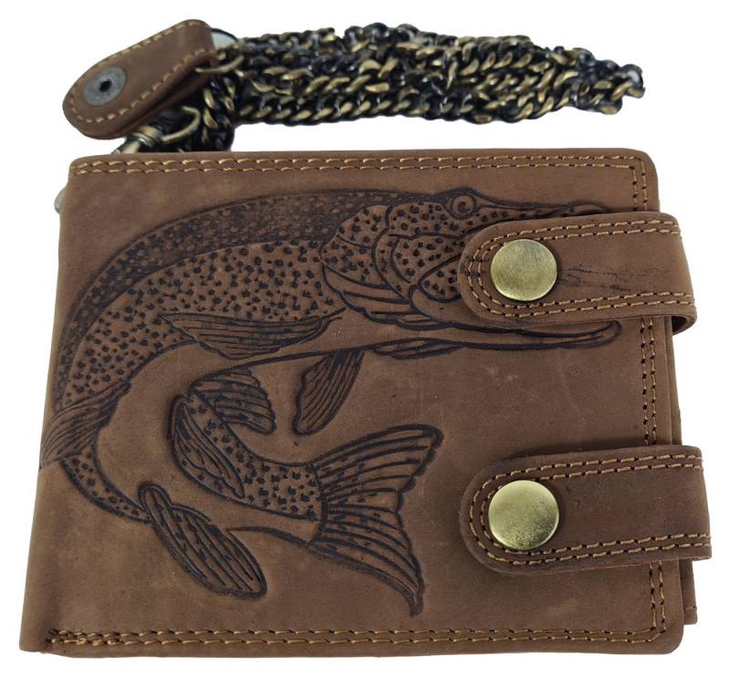 Einkaufszauber Geldbörse Echt Büffel-Leder Geldbeutel Sternzeichen Fisch mit Kette - Angler, Mit Messingkette von Einkaufszauber