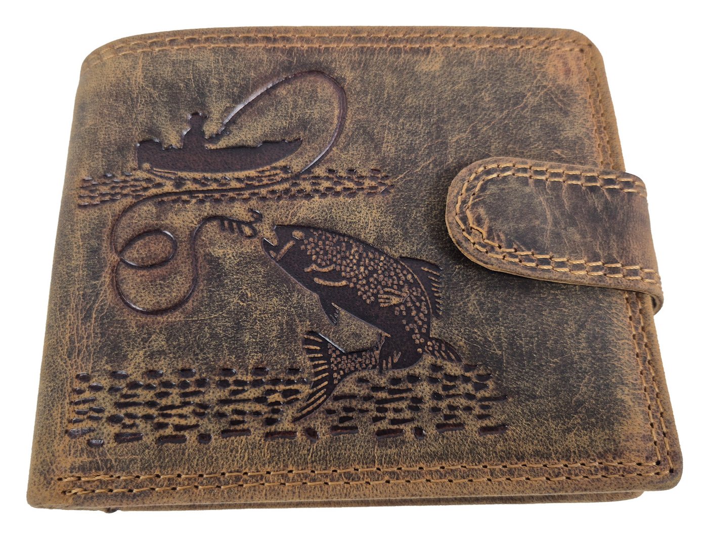 Einkaufszauber Geldbörse Echt Büffel-Leder Herren Geldbeutel Angler mit Fisch, Naturbelassenes rustikales Leder von Einkaufszauber