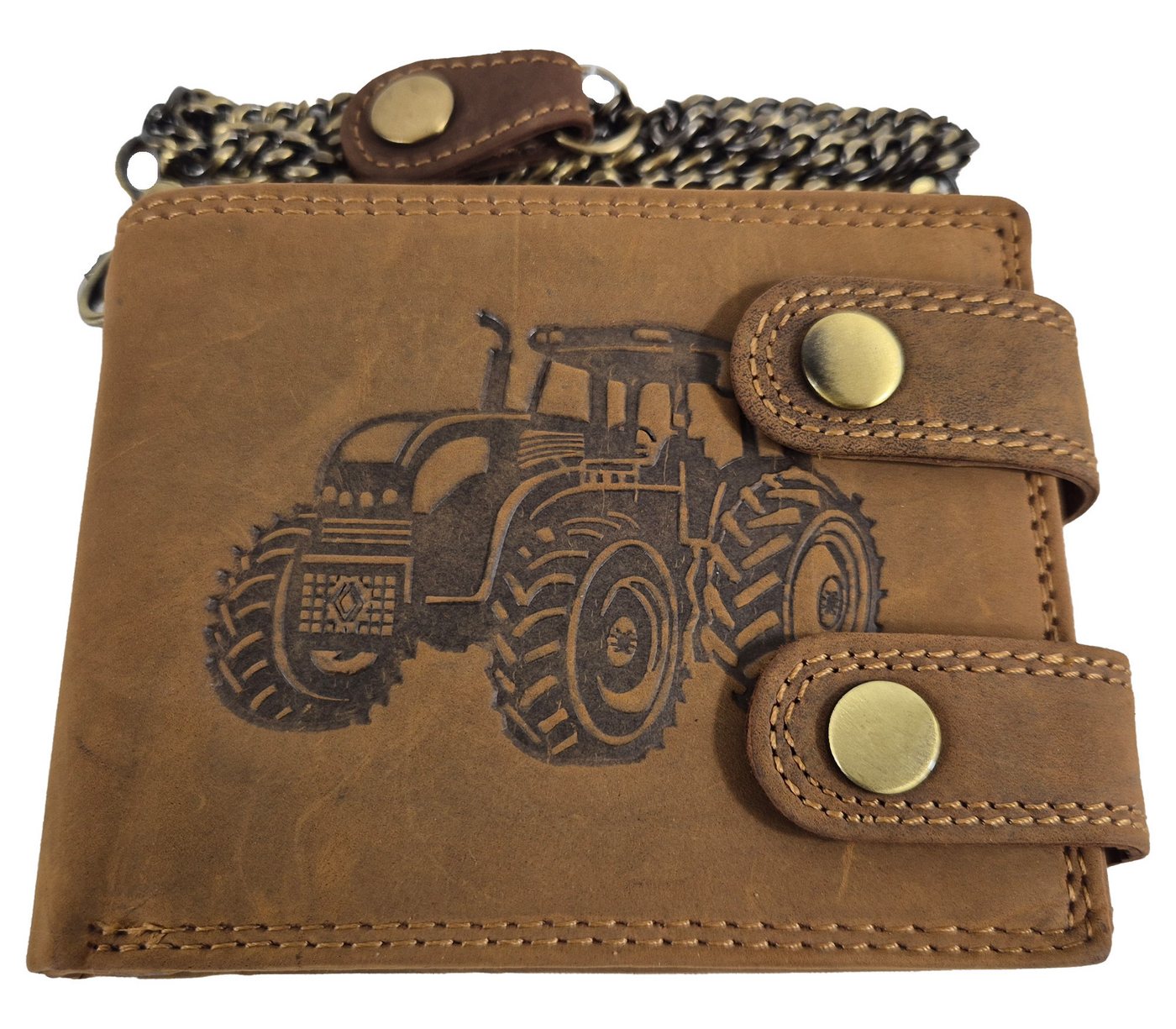 Einkaufszauber Geldbörse Echt Leder Herren Geldbeutel Traktor Rustikal mit Kette (mit Sicherheitskette), Mit Sicherheitskette von Einkaufszauber