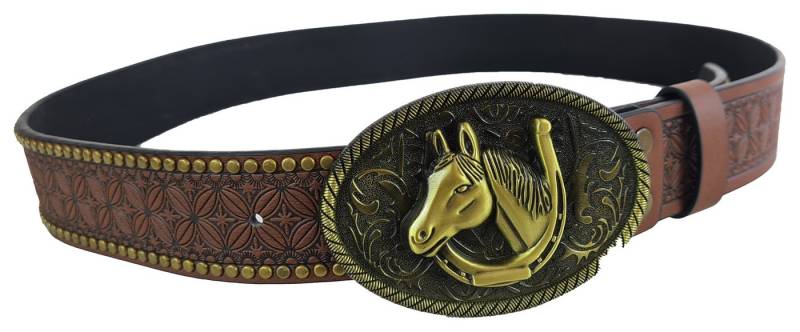 Einkaufszauber Hüftgürtel Damen Gürtel mit Pferdekopf und Hufeisen - braun-golden Pferdekopf und Hufeisen auf Schnalle von Einkaufszauber