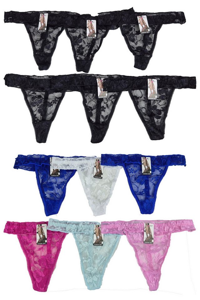 Einkaufszauber Stringtanga Zauberhaft süße Stringtangas mit Spitze - 12-Stück-Paket (verschiedenfarbig sortiert, 12-St) Florales Muster von Einkaufszauber