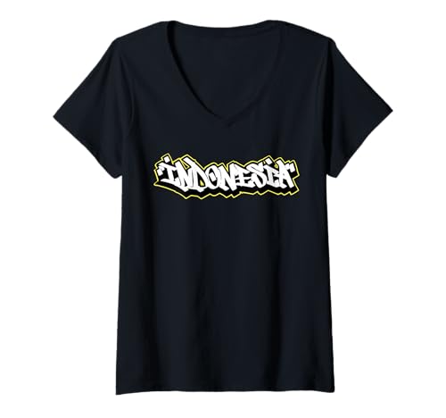 Damen Indonesien Graffiti Schriftzug Bali T-Shirt mit V-Ausschnitt Damen Indonesien Graffiti Schriftzug Bali T-Shirt mit V-Ausschnitt von Einmal um die Welt