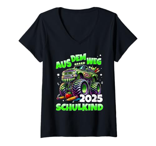 Damen Aus Dem Weg Schulkind 2025 Monstertruck Einschulung T-Shirt mit V-Ausschnitt von Einschulung 2025 Jungen Monstertruck Designs