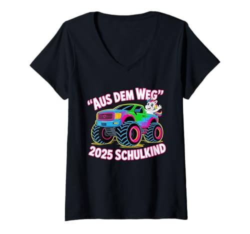 Damen Aus Dem Weg Schulkind 2025 Monstertruck Einschulung T-Shirt mit V-Ausschnitt von Einschulung 2025 Jungen Monstertruck Designs