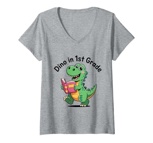 Damen Dino In 1st Grade Lustiger Dinosaurier Erstklasse Schule T-Shirt mit V-Ausschnitt Damen Dino In 1st Grade Lustiger Dinosaurier Erstklasse Schule T-Shirt mit V-Ausschnitt von Einschulung Dino Erstklässler Schule T Rex Lesen