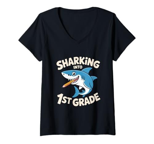 Damen Einschulung Hai 1 Klasse Sharking Into 1st Grade Schule T-Shirt mit V-Ausschnitt Damen Einschulung Hai 1 Klasse Sharking Into 1st Grade Schule T-Shirt mit V-Ausschnitt von Einschulung Erster Schultag Hai 1 Klasse Schule