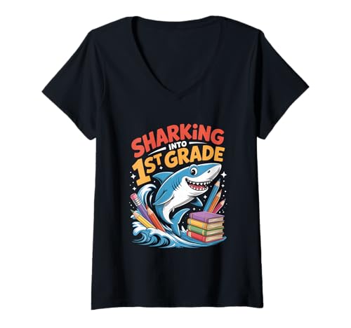 Damen Sharking Into 1st Grade Hai Einschulung Grundschule T-Shirt mit V-Ausschnitt Damen Sharking Into 1st Grade Hai Einschulung Grundschule T-Shirt mit V-Ausschnitt von Einschulung Erstklässler Hai Grundschule Schule