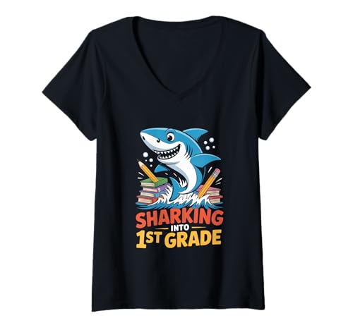 Damen Sharking Into 1st Grade Einschulung Hai Erstklässler T-Shirt mit V-Ausschnitt Damen Sharking Into 1st Grade Einschulung Hai Erstklässler T-Shirt mit V-Ausschnitt von Einschulung Erstklässler Hai Schule Erste Klasse