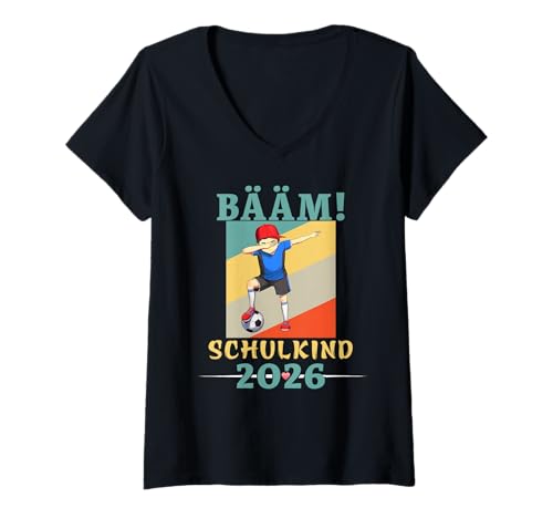 Damen BÄÄM Schulkind 2026 | Einschulung Fußball Dabbing T-Shirt mit V-Ausschnitt von Einschulung Geschenkideen 2026