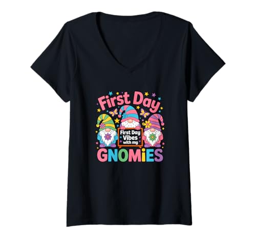 Damen First Day Vibes with My Gnomies Einschulung Schule T-Shirt mit V-Ausschnitt Damen First Day Vibes with My Gnomies Einschulung Schule T-Shirt mit V-Ausschnitt von Einschulung Gnome Schule Erstklassig Lehrer Kinder