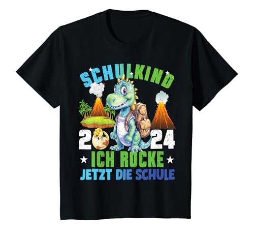 Kinder Schulkind 2024 Cooler Dino Ich Rocke Jetzt Die Schule Jungen T-Shirt von Einschulung Junge Kita Abschied Erstklässler