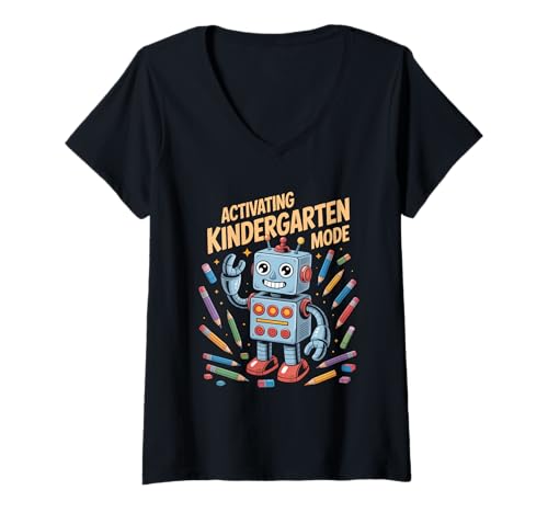 Damen Activating Kindergarten Mode Roboter Einschulung Schule T-Shirt mit V-Ausschnitt Damen Activating Kindergarten Mode Roboter Einschulung Schule T-Shirt mit V-Ausschnitt von Einschulung Kindergarten Roboter Schule Start