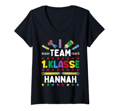 Damen Einschulung Team 1. Klasse Vorname Hannah Schulstart Gruppen T-Shirt mit V-Ausschnitt Damen Einschulung Team 1. Klasse Vorname Hannah Schulstart Gruppen T-Shirt mit V-Ausschnitt von Einschulung Team 1. Klasse