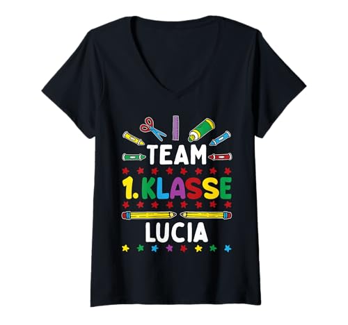 Damen Einschulung Team 1. Klasse Vorname Lucia Schulstart Gruppen T-Shirt mit V-Ausschnitt Damen Einschulung Team 1. Klasse Vorname Lucia Schulstart Gruppen T-Shirt mit V-Ausschnitt von Einschulung Team 1. Klasse