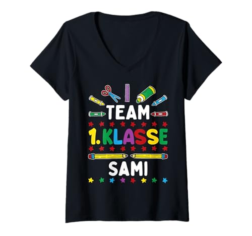 Damen Einschulung Team 1. Klasse Vorname Sami Schulstart Gruppen T-Shirt mit V-Ausschnitt Damen Einschulung Team 1. Klasse Vorname Sami Schulstart Gruppen T-Shirt mit V-Ausschnitt von Einschulung Team 1. Klasse
