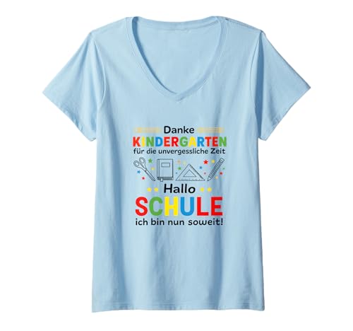 Damen Danke Kindergarten Hallo Schule – Einschulung & Abschied T-Shirt mit V-Ausschnitt von Einschulung & Schulstart Motive