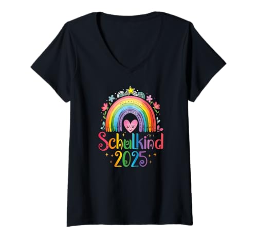 Damen Einschulung Schulkind 2025 Erstklässler Schulanfang Mädchen T-Shirt mit V-Ausschnitt von Einschulungsgeschenk 1. Klasse Kinder Schultüte
