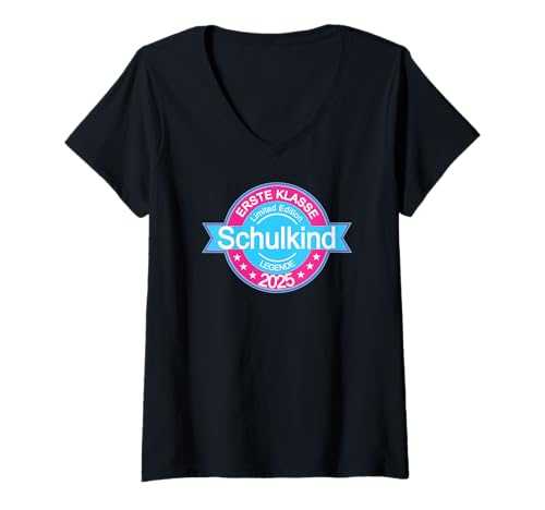 Damen Schulanfang Einschulung Schulkind 2025 Erstklässler Mädchen T-Shirt mit V-Ausschnitt von Einschulungsgeschenk 1. Klasse Kinder Schultüte