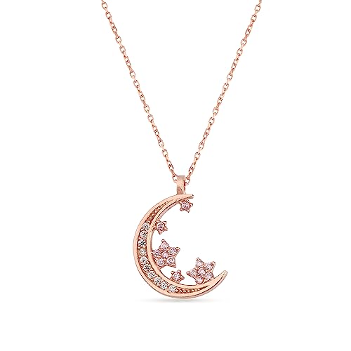 Einzelstück® Halskette Mond & Sterne Anhänger I 925 Sterling Silber, rosévergoldet I Zirkonia Steine I Antiallergen & Nickelfrei Silberkette (Celestial Halskette Rosegold) von Einzelstück