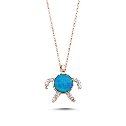 Einzelstück® Halskette mit Schildkröten Anhänger I 925 Sterling Silber /14K Gold/ 14K Roségold vergoldet I Silberkette mit Opal und Zirkonia Steine I Blue Sea Turtle (Rosegold) von Einzelstück