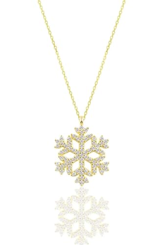 Einzelstück® Halskette mit Schneeflocken Anhänger 925 Silber I 14K Gold & Roségold Zirkonia Steine I Damenkette I Silberkette Collier Snowflake Weihnachten (Snowflake Gold Halskette) von Einzelstück