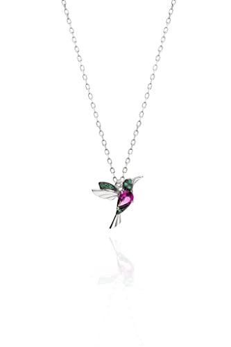 Einzelstück® Halskette mit Vogel Anhänger aus 925 Sterling Silber | Silberkette | grün pink Cubic Zirkonia (Kolibri Halskette Silber) von Einzelstück