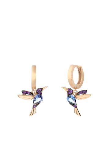 Einzelstück® Ohrringe Paradise Bird Hoops I 925 Sterling Silber Ohrringe im Vogel Design I Kreolen mit blau und pinken Zirkonia Steinen I Allergikerfreundlicher Echtschmuck (Rosegold) von Einzelstück