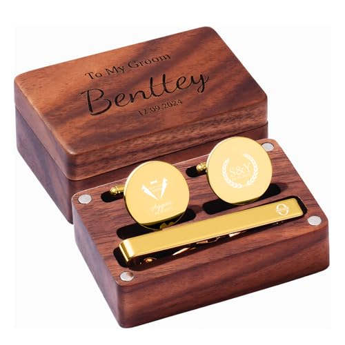 EinzigGeschenk Personalisierter Manschettenknöpfe- und Krawattenklammer-Set für Herren – Personalisierte Manchettenknoepfe mit Gravur und Holzbox – Hochzeitsgeschenk für Bräutigam, Vater (Gold) von EinzigGeschenk