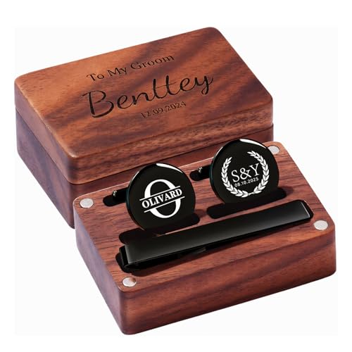 EinzigGeschenk Personalisierter Manschettenknöpfe- und Krawattenklammer-Set für Herren – Personalisierte Manchettenknoepfe mit Gravur und Holzbox – Hochzeitsgeschenk für Bräutigam, Vater (Schwarz) von EinzigGeschenk