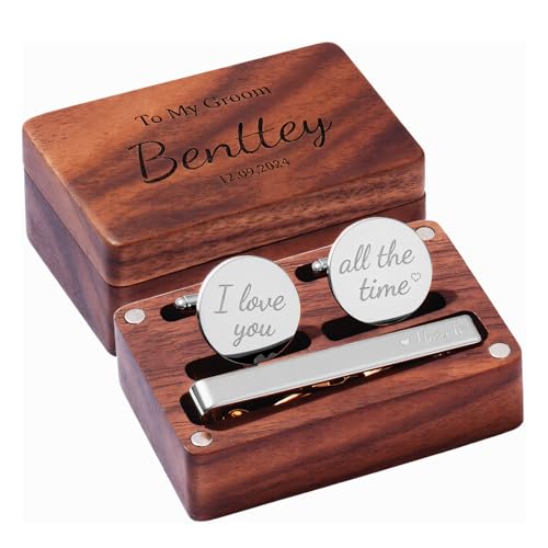 EinzigGeschenk Personalisierter Manschettenknöpfe- und Krawattenklammer-Set für Herren – Personalisierte Manchettenknoepfe mit Gravur und Holzbox – Hochzeitsgeschenk für Bräutigam, Vater (Silber) von EinzigGeschenk