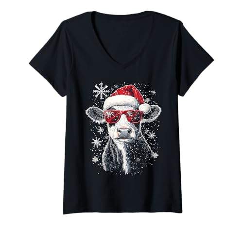 Damen Lustig Weihnachten Motiv Mit Cooler Kuh In Sonnenbrille T-Shirt mit V-Ausschnitt von Einzigartige Weihnachtsdesigns